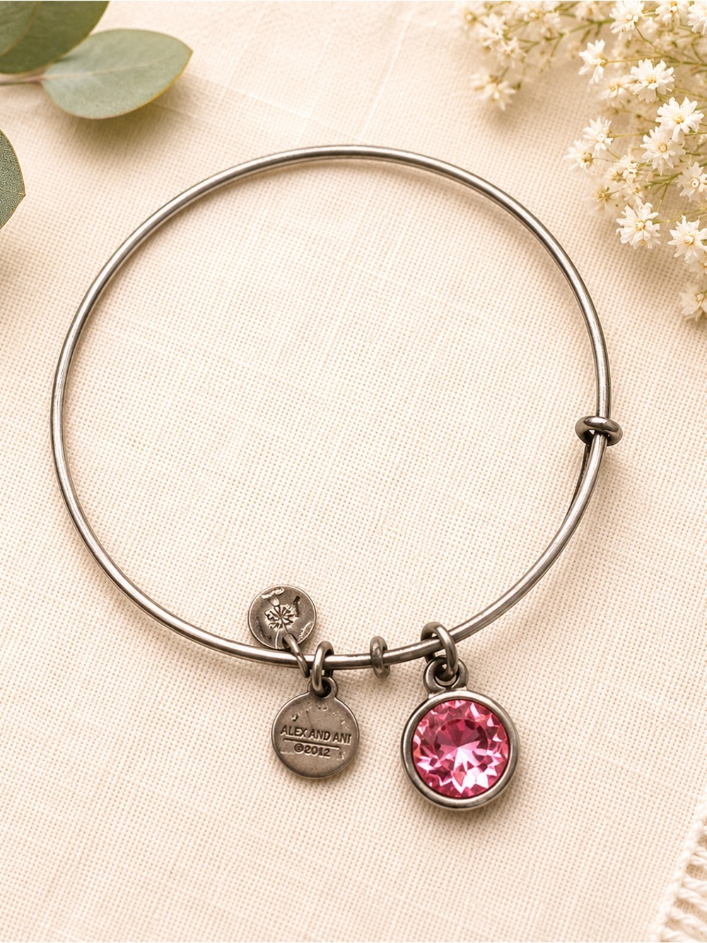 Alex and Ani Silver Bangle with Pink Crystal Charm